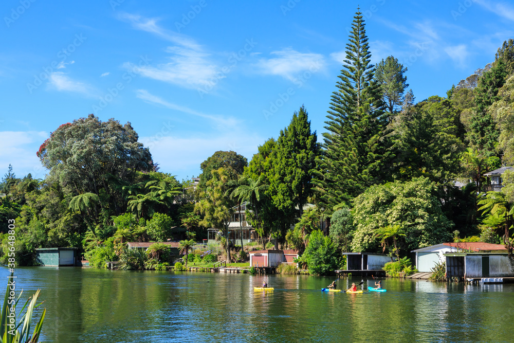 Lakefront houses with boatsheds on beautiful Lake Rotoiti, New Zealand