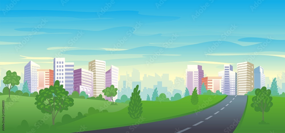 Beautiful Cityscape view from scenery park landscape. Urban cityscape panoramic vector illustration
