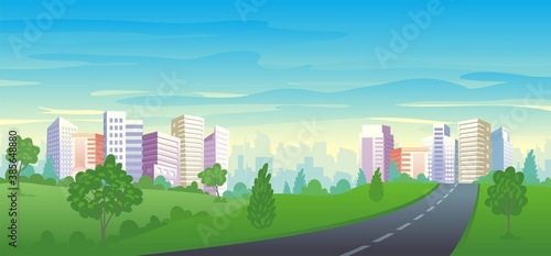 Beautiful Cityscape view from scenery park landscape. Urban cityscape panoramic vector illustration 