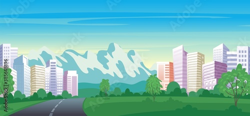 Beautiful Cityscape view from scenery park landscape. Urban cityscape panoramic vector illustration 