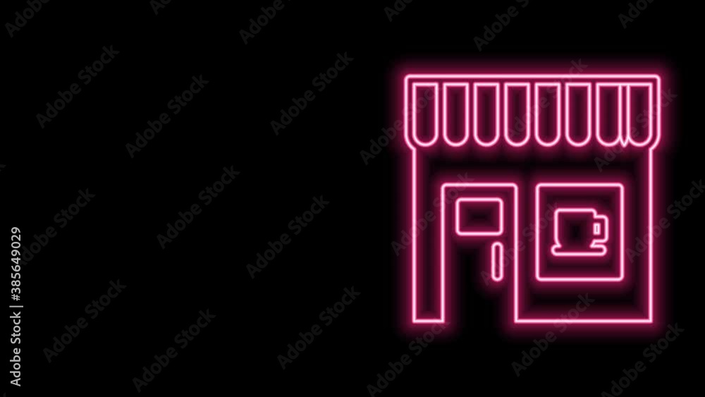 Glowing neon line Coffee shop icon isolated on black background. 4K Video motion graphic animation Glowing neon line Coffee shop icon isolated on black background. 4K Video motion graphic animation