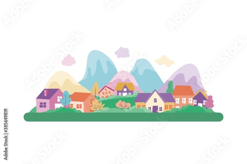 Fototapeta Naklejka Na Ścianę i Meble -  Cartoon Rural City Landscape Vector illustration, Cute and lovely with colorful and flat style
