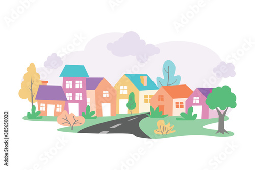 Fototapeta Naklejka Na Ścianę i Meble -  Cartoon Rural City Landscape Vector illustration, Cute and lovely with colorful and flat style
