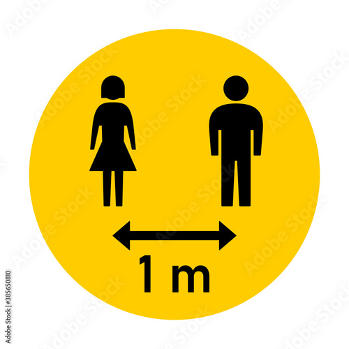 Keep Your Distance 1 m or 1 Metre Round Social Distancing Instruction Sticker Icon with Male and Female Figures. Vector Image.
