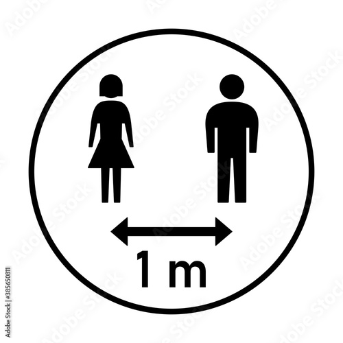 Keep Your Distance 1 m or 1 Metre Round Social Distancing Instruction Sticker Icon with Male and Female Figures. Vector Image.