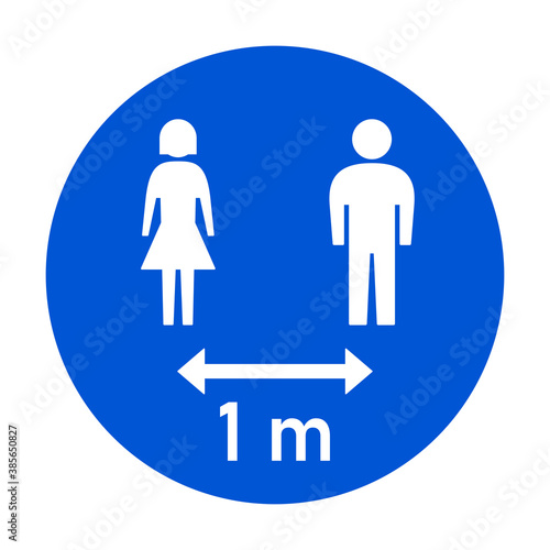 Keep Your Distance 1 m or 1 Metre Round Social Distancing Instruction Sticker Icon with Male and Female Figures. Vector Image.