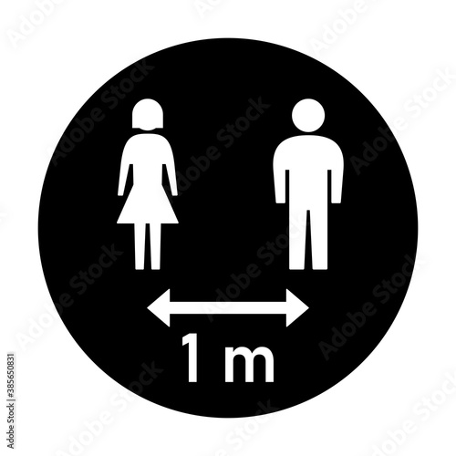 Keep Your Distance 1 m or 1 Metre Round Social Distancing Instruction Sticker Icon with Male and Female Figures. Vector Image.