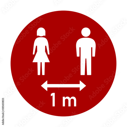 Keep Your Distance 1 m or 1 Metre Round Social Distancing Instruction Sticker Icon with Male and Female Figures. Vector Image.