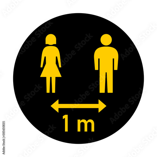 Keep Your Distance 1 m or 1 Metre Round Social Distancing Instruction Sticker Icon with Male and Female Figures. Vector Image.