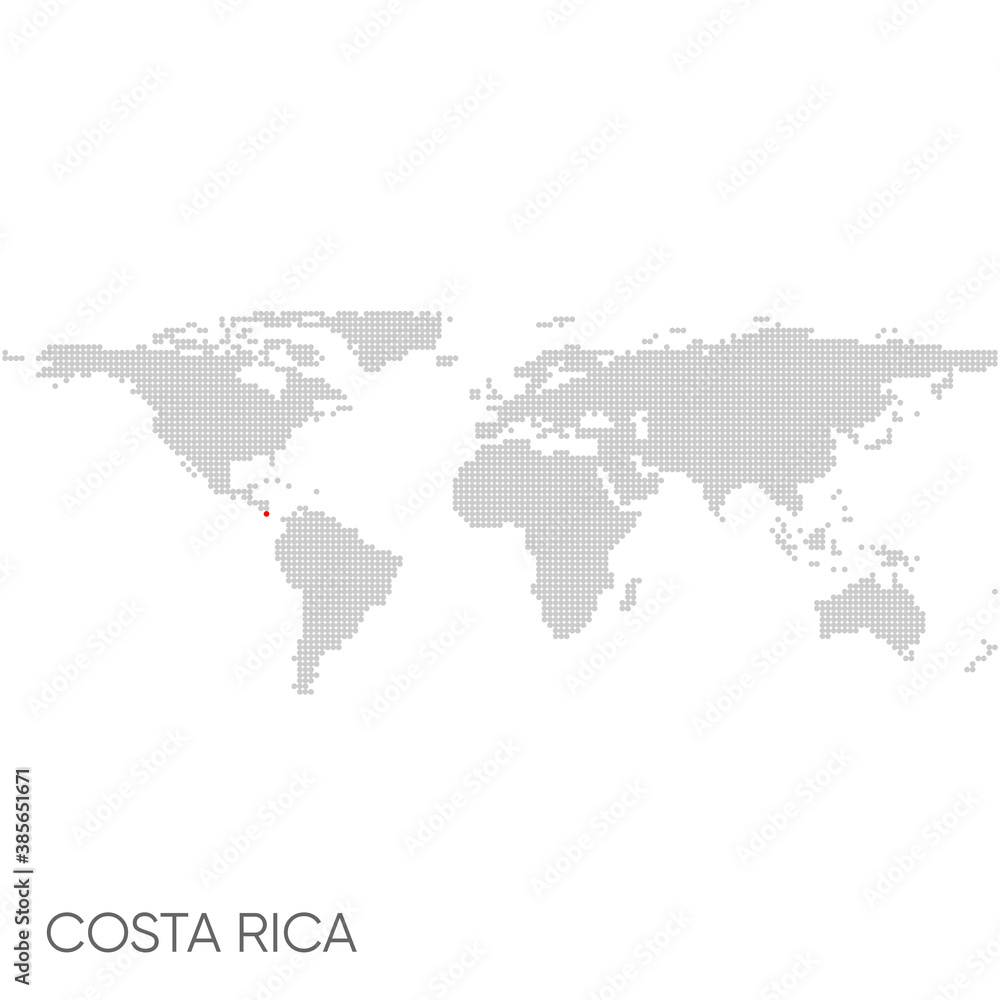 Dotted world map with marked costa rica