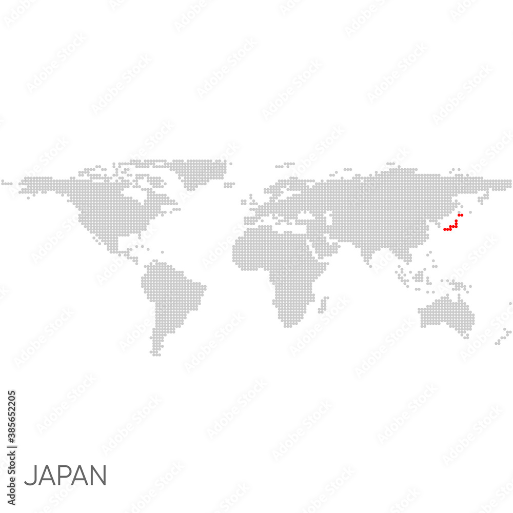 Dotted world map with marked japan