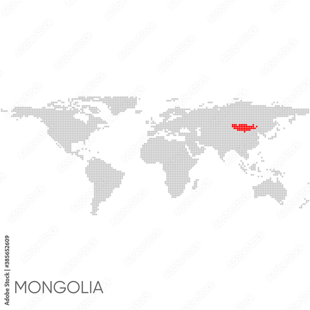Dotted world map with marked mongolia Dotted world map with marked mongolia