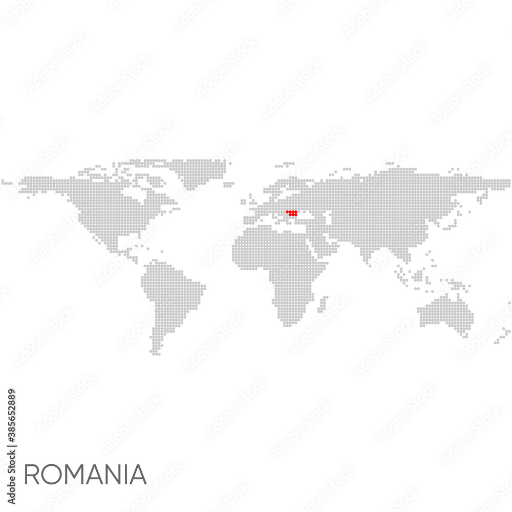 Dotted world map with marked romania Dotted world map with marked romania