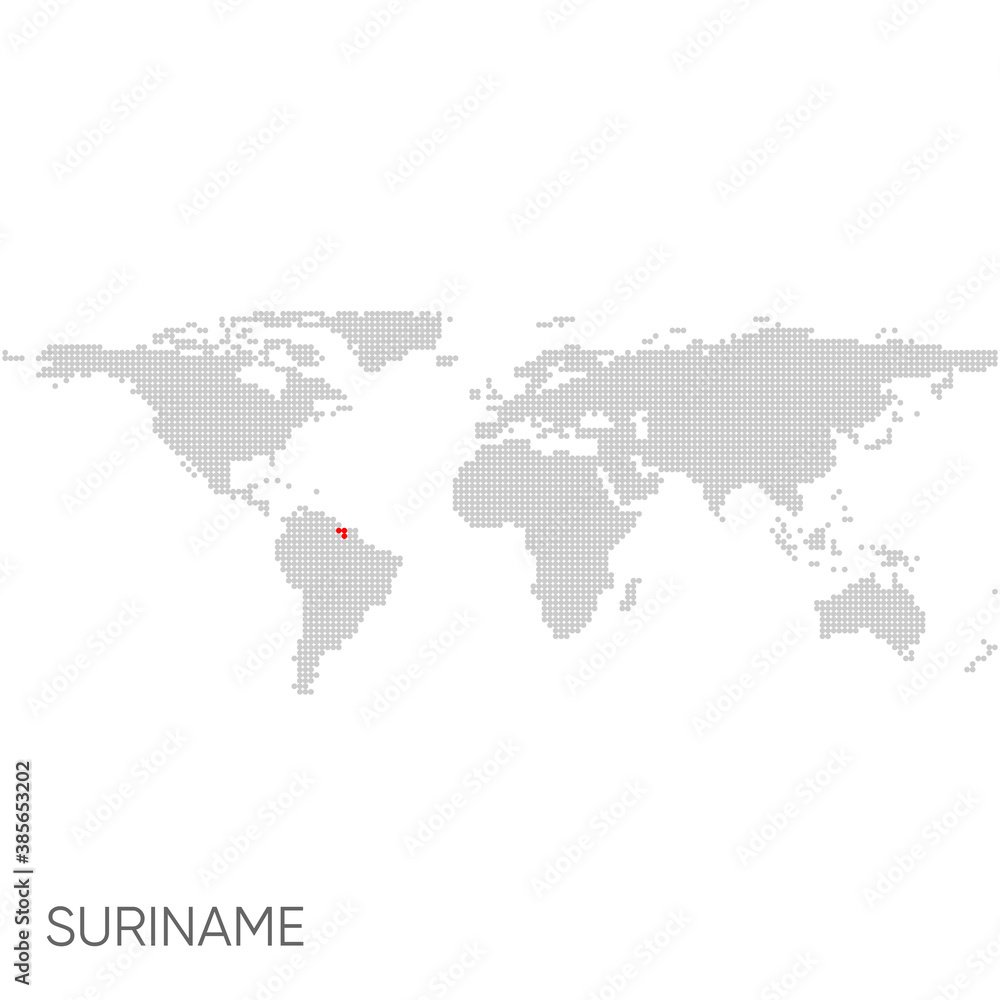 Fototapeta premium Dotted world map with marked suriname