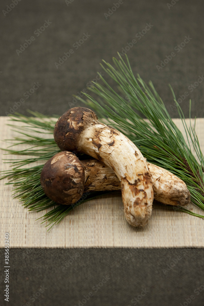 Matsutake mushrooms and pine leaves on the bamboo mat. Matsutake mushrooms and pine leaves on the bamboo mat.