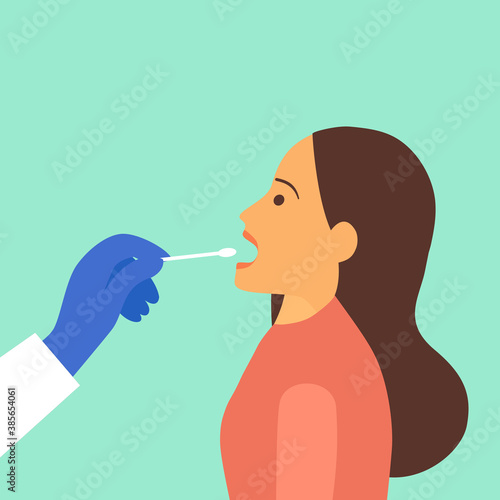 Mouth saliva test using swab concept vector illustration. COVID-19 Coronavirus or DNA test. Doctor keep saliva sample from patient.