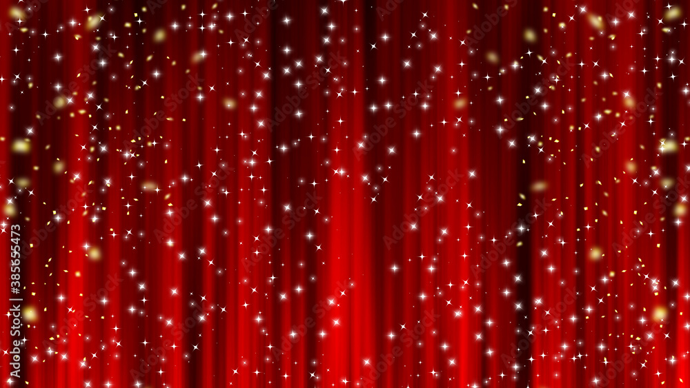 赤いカーテン　ステージカーテン　紙吹雪　星
Red curtain material. Drape curtain. Confetti. Star decoration. - obrazy, fototapety, plakaty 
