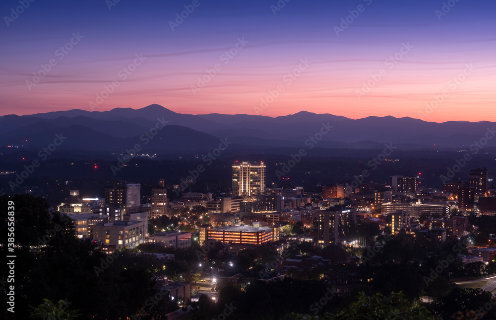 The Asheville skyline at sunset from a distance