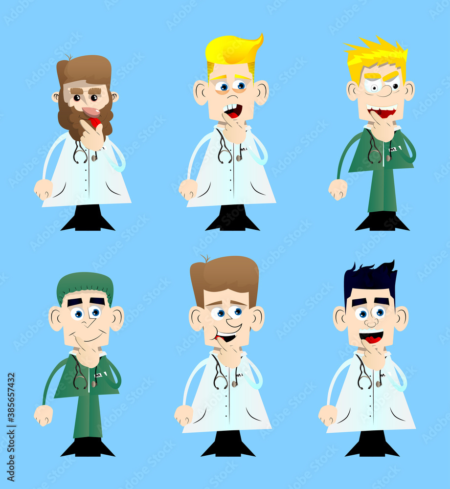Funny cartoon doctor holding finger front of his mouth. Vector illustration. Funny cartoon doctor holding finger front of his mouth. Vector illustration.