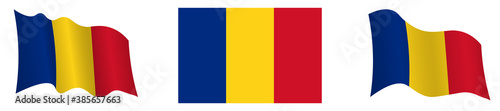 Romania flag in static position and in motion, developing in wind in exact colors and sizes, on white background