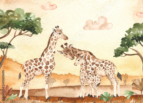 Savanna landscape at sunset and giraffe family  mom  dad  kid  baby  watercolor card