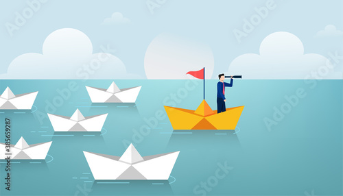 Businessman standing at paper boat and hold telescope leading group of white paper boats vector illustration. Management and goal symbol.