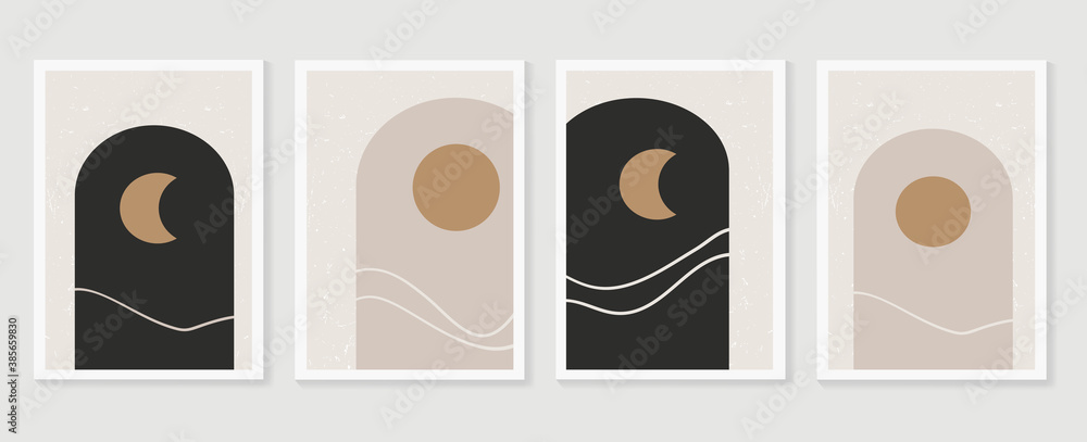 Abstract sun and moon wall art vector collection.  Abstract organic shape Art design for poster, print, cover, wallpaper, Minimal and  natural wall art. 