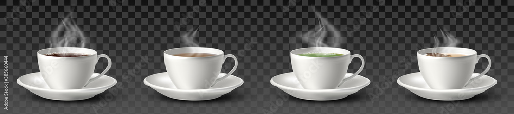 White realistic coffee cup with smoke isolated on transparent