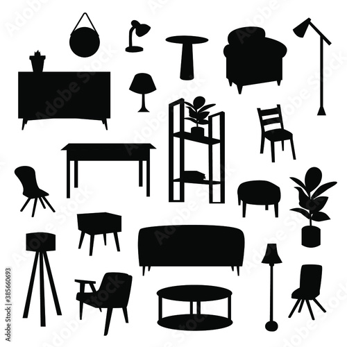 Vector black silhouettes and stencils of furniture, decor and lighting for the living room or dining room on a white background. Silhouettes of design items for an apartment and a house.