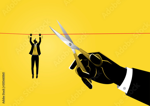 Businessman hanging on rope