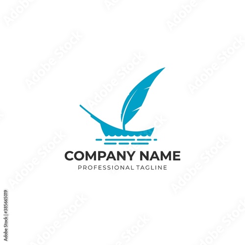 press writer journalist logo business template. sail boat and feather elements. flat design isolated on white background