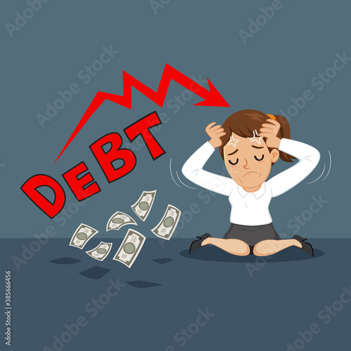 Businesswoman feeling stressed about debt, illustration vector cartoon
