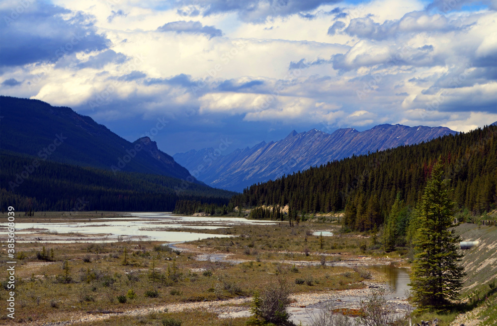 Alberta, Canada - Sloping Mountain & Athabasca River by Highway 93 in the Rockies