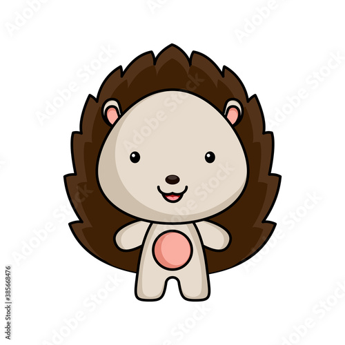 Cute cartoon hedgehog logo template on white background. Mascot animal character design of album, scrapbook, greeting card, invitation, flyer, sticker, card. Vector stock illustration.