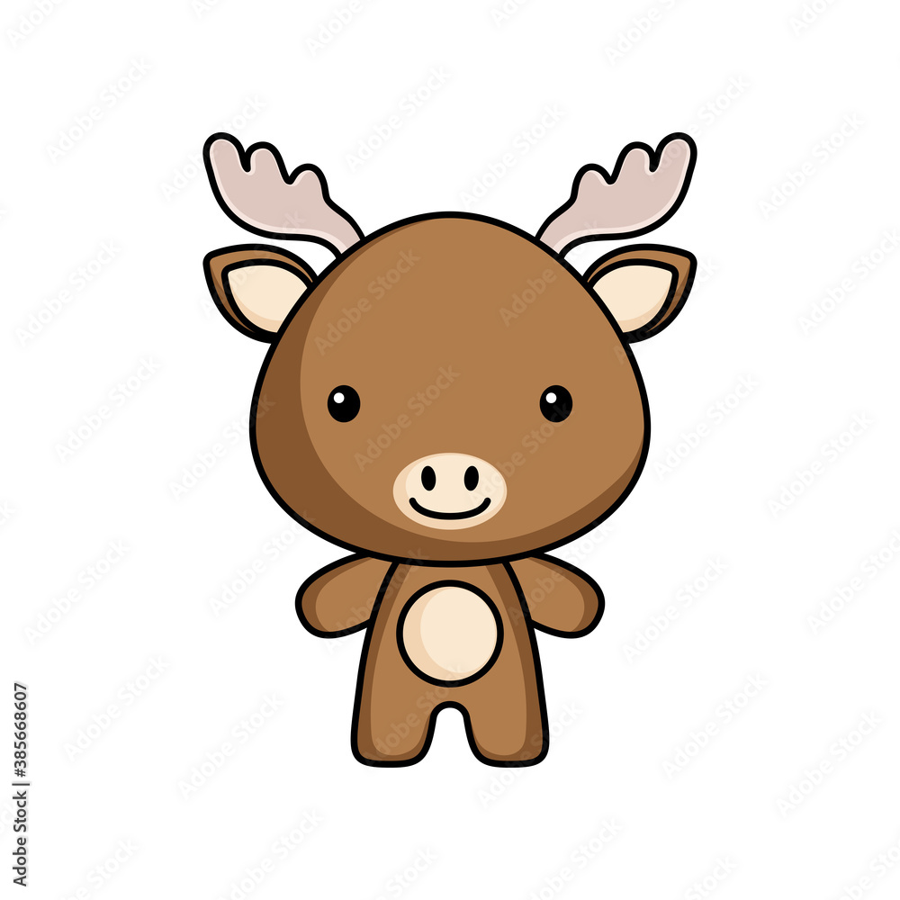Fototapeta premium Cute cartoon moose logo template on white background. Mascot animal character design of album, scrapbook, greeting card, invitation, flyer, sticker, card. Vector stock illustration.