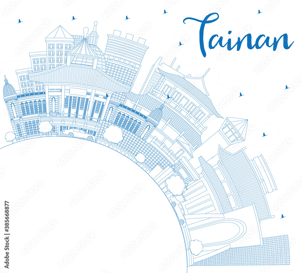 Outline Tainan Taiwan City Skyline with Blue Buildings and Copy Space.
