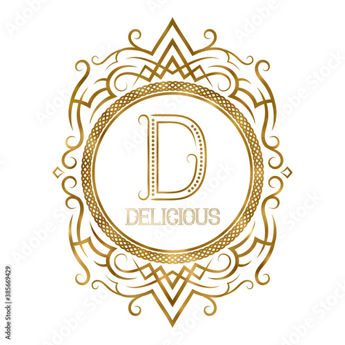 Golden label for delicious boutique. Vector monogram logo in vintage patterned frame.