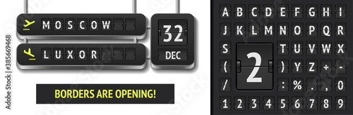 3D Airline departure scoreboard. Vector Realistic flip airport board template with date of flight. Airport alphabet board with destinations in Moscow and Luxor.