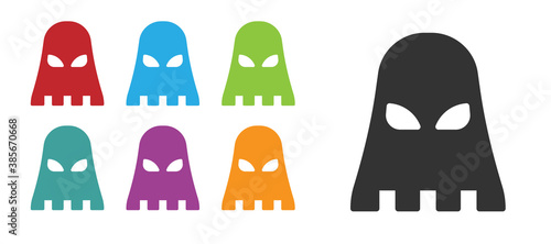 Black Executioner mask icon isolated on white background. Hangman, torturer, executor, tormentor, butcher, headsman icon. Set icons colorful. Vector.