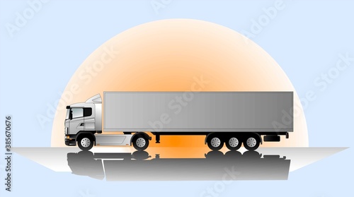 Side view of a modern European truck on the background of the sunrise. Freight transport concept. Vector