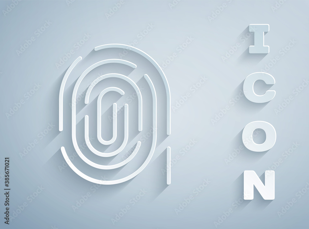 Fototapeta premium Paper cut Fingerprint icon isolated on grey background. ID app icon. Identification sign. Touch id. Paper art style. Vector.