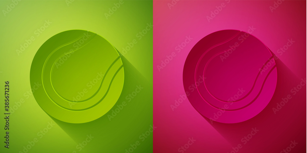 Obraz premium Paper cut Tennis ball icon isolated on green and pink background. Sport equipment. Paper art style. Vector.