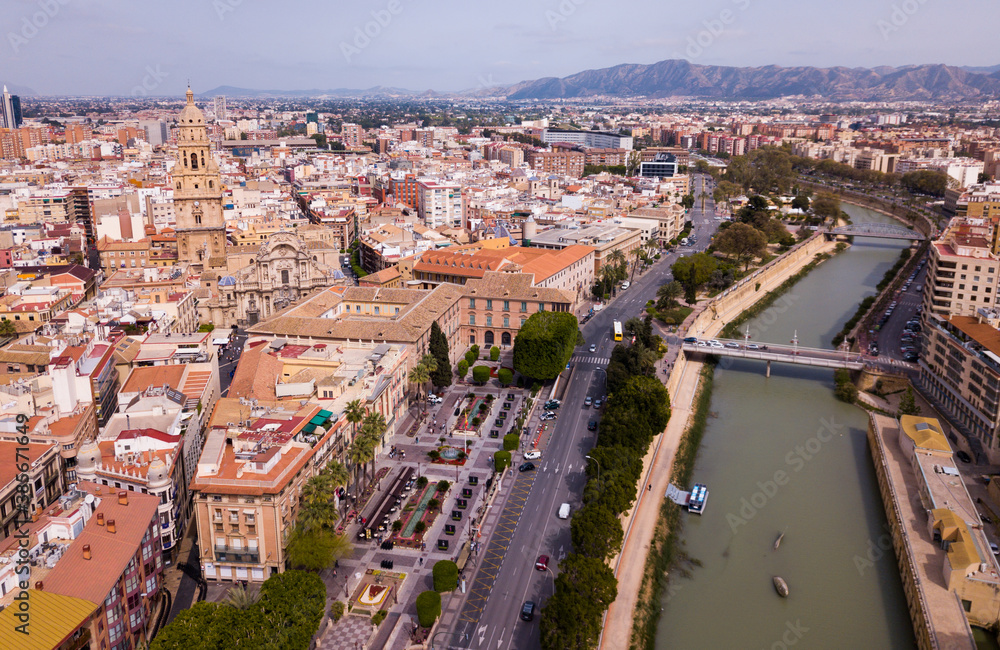 Picturesque panorama of historic city of Murcia in Segura river valley in spring day, Spain