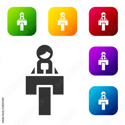 Black Stage stand or debate podium rostrum icon isolated on white background. Conference speech tribune. Set icons in color square buttons. Vector.