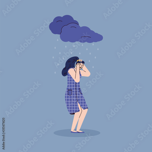Depressed young woman stands in rain from a dark clouds covering her head with her hands. Sad unhappy girl tries to protection from pain or stress. Vector line illustration