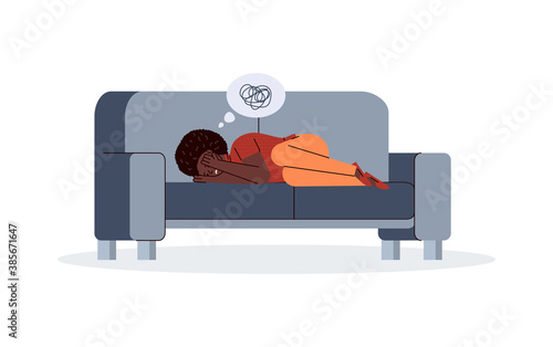 Depressed suffering unhappy woman lies on couch covering his face with hands. Upset young girl with bad thoughts. Female psyche, suicide prevention. Vector illustration