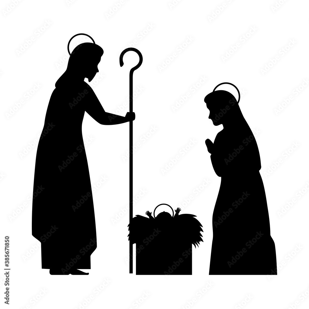 merry christmas mary joseph and baby jesus silhouette design, nativity ...