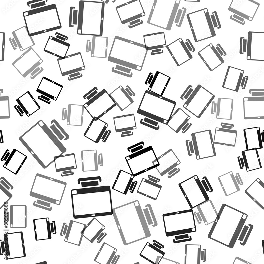 Black Computer monitor screen icon isolated seamless pattern on white background. Electronic device. Front view. Vector.