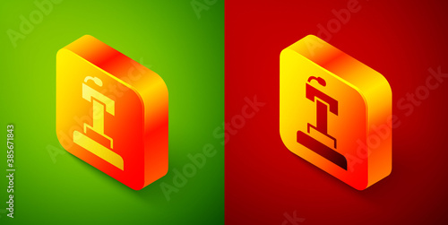 Isometric Stage stand or debate podium rostrum icon isolated on green and red background. Conference speech tribune. Square button. Vector.