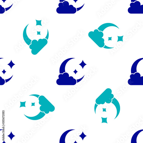 Blue Cloud with moon icon isolated seamless pattern on white background. Cloudy night sign. Sleep dreams symbol. Night or bed time sign. Vector.